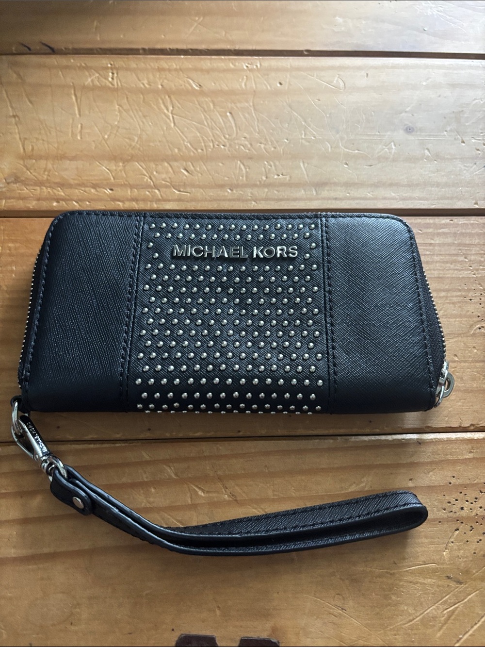 NWOT Michael Kors Black Leather Studded Wristlet Wallet